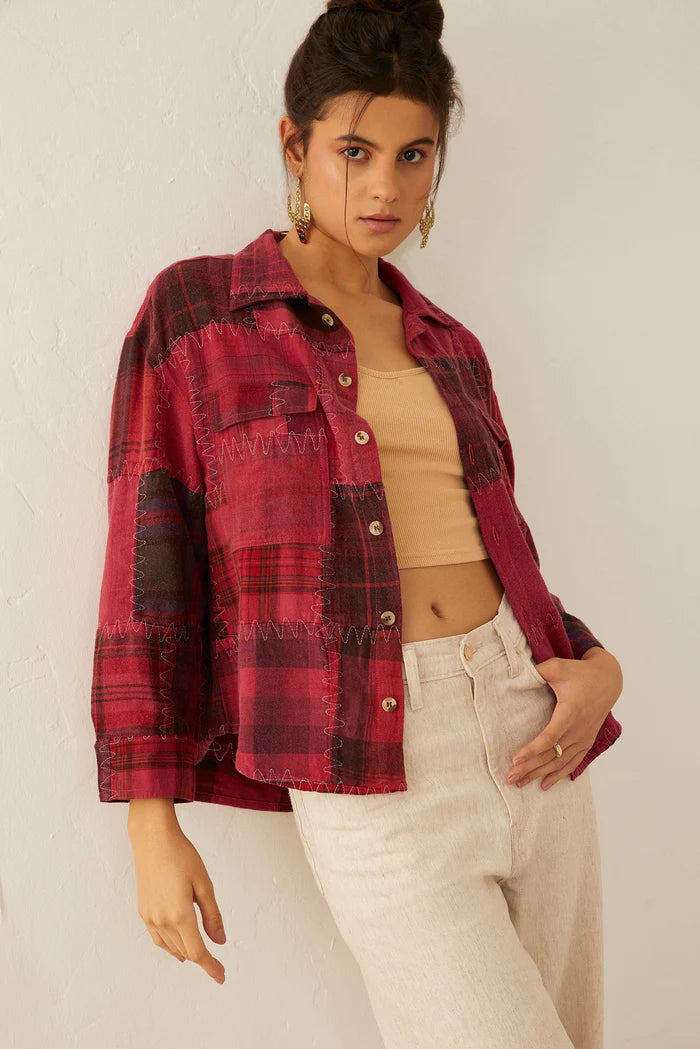 Emma Dawn Patchwork Shacket in Red