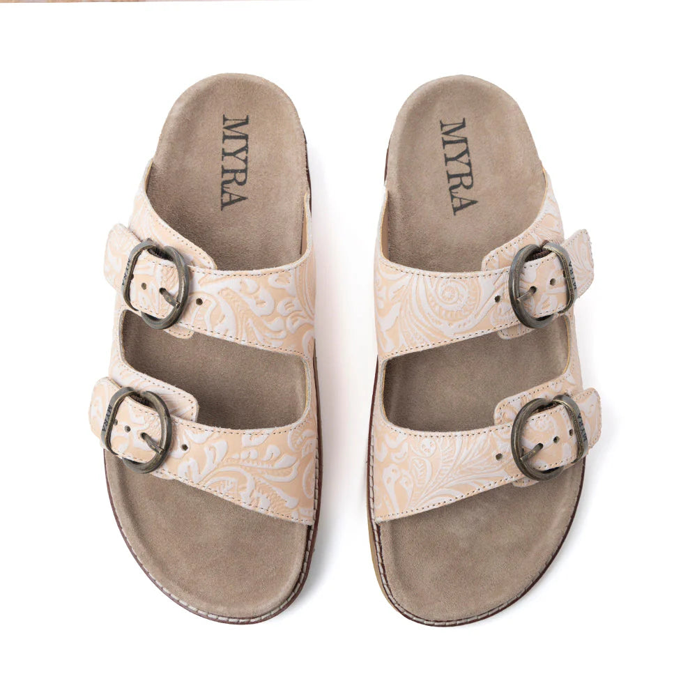 Desert Lily Embossed Leather Sandals in Antique White